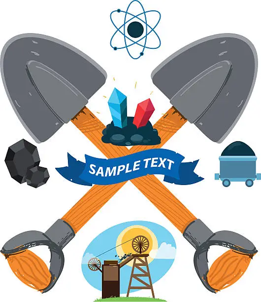 Vector illustration of Set mining industry objects: a shovel, mine, trolley.