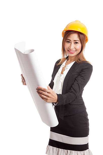 istock Asian engineer woman with blueprints 544592298