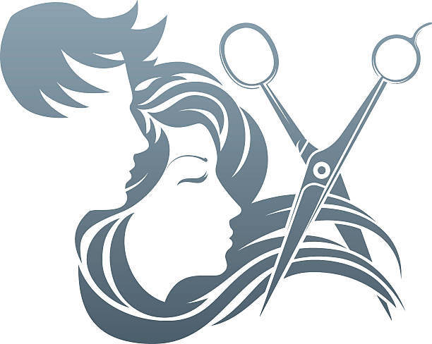 ilustrações, clipart, desenhos animados e ícones de cabeleireiro homem e mulher tesoura conceito - hairstyle profile human face sign