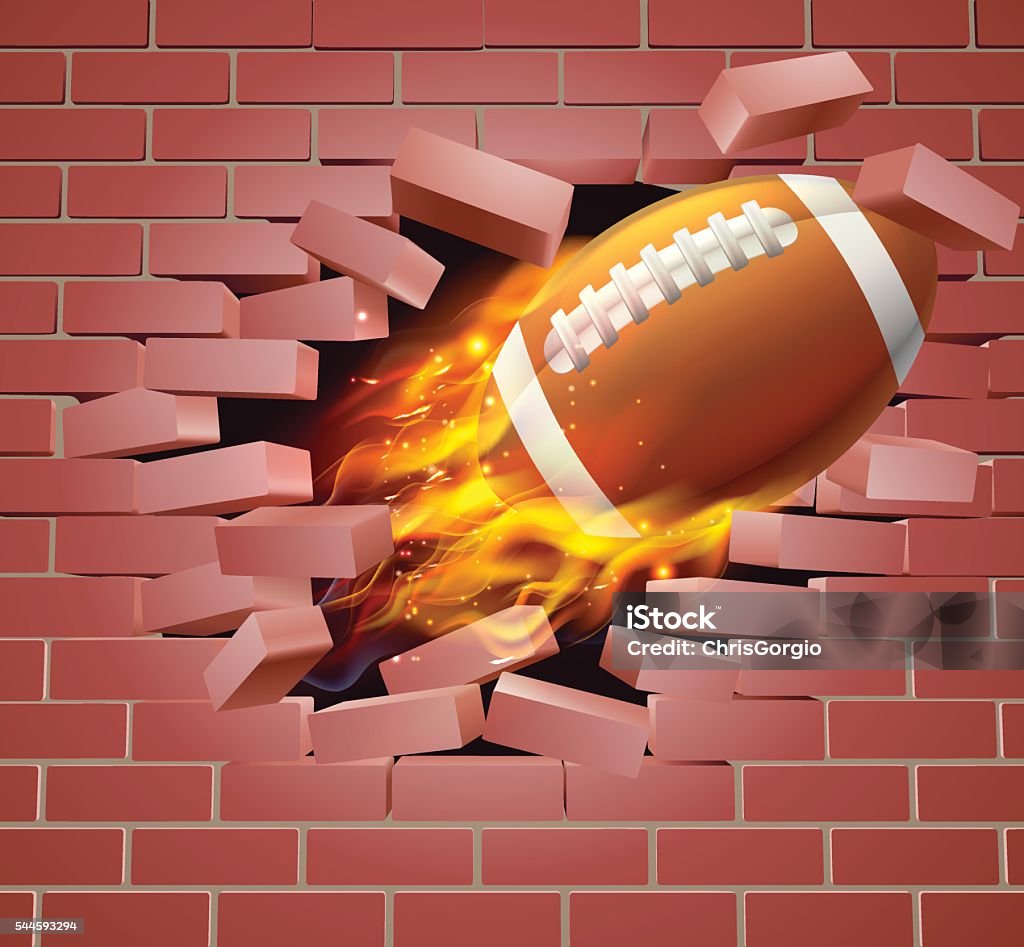 Flaming American Football Ball Breaking Through Brick Wall An illustration of a burning flaming American Football ball on fire tearing a hole through a brick wall American Culture stock vector