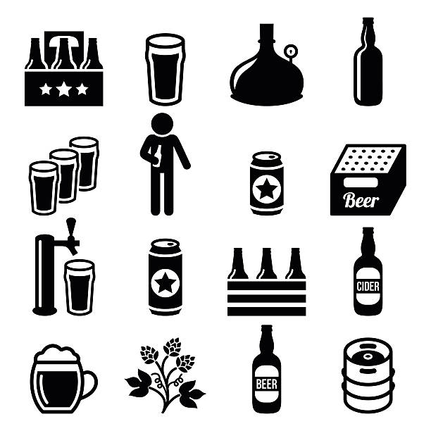 ilustraciones, imágenes clip art, dibujos animados e iconos de stock de cerveza, cervecería, vector conjunto de iconos de pub - alambique