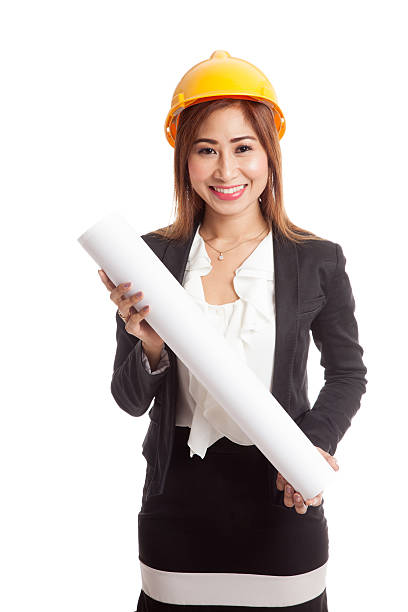 istock Asian engineer woman with blueprints 544594242