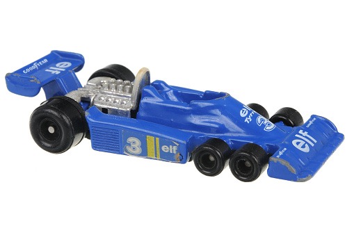 Adelaide, Australia - June 29, 2016:An isolated shot of a 1977 Tyrrell P-34 Ford Tomica Diecast Toy Car. Replica diecast toy cars made by Matchbox are highly sought after collectables.