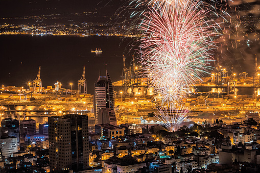 Fireworks celebrating 68 Independence day of Israel over Haifa bay.
