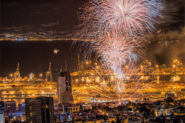 Fireworks celebrating 68 Independence day of Israel over Haifa bay.
