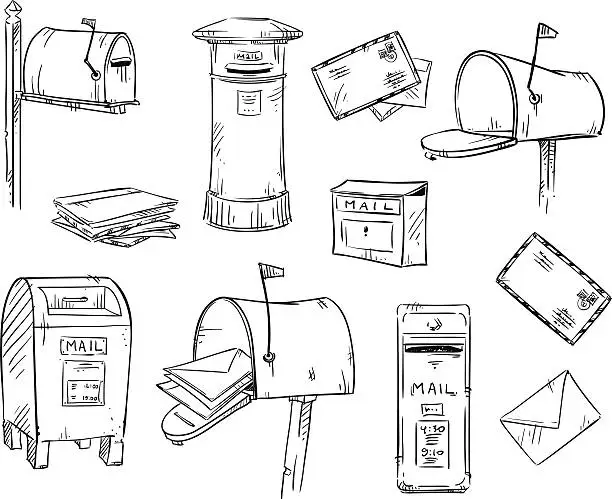 Vector illustration of Mailboxes and letters, vector sketch