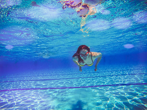 istock Young female swimmer with swim goggles swimming underwater in pool 544600310