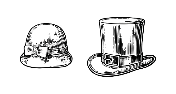 Ladies and gentlemen hat. Vector vintage engraved illustration. Isolated on a white background.