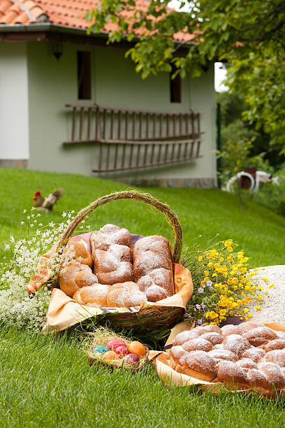 Traditional Easter sweet bread and painted eggs