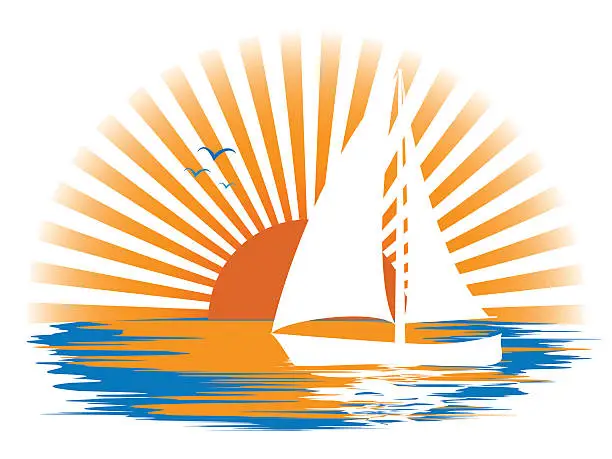 Vector illustration of Landscape with a sailboat on the background of sunset