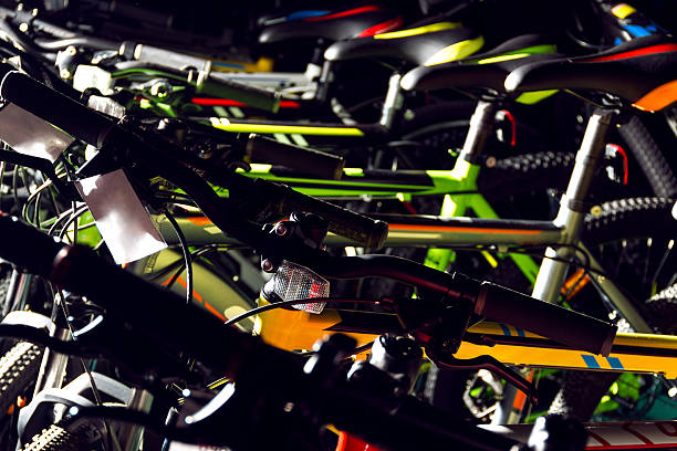 istock Pattern of colorful mountain bicycles for summer, off-road cycli 544603790