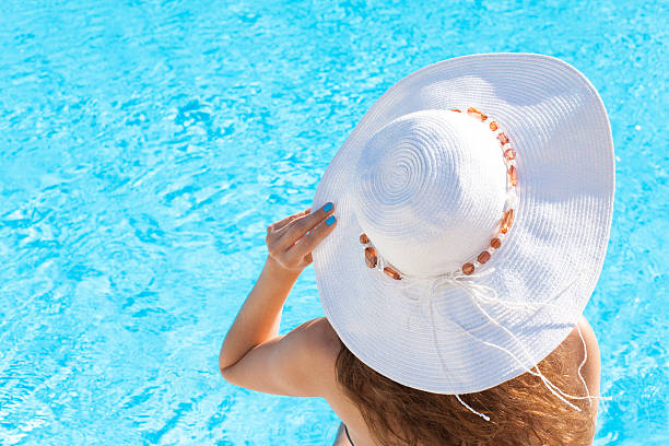 istock Woman in hat relaxing at swimming pool 544604242