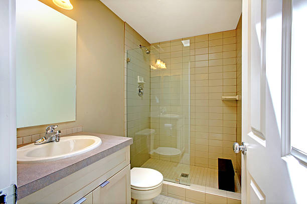 istock Nice creamy bathroom interior with glass shower 544604332