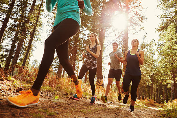 groupe de quatre adultes à courir dans la forêt, faible angle - cross country running running jogging black and white photos et images de collection