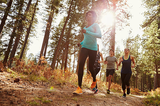 gruppo di quattro adulti corsa nella foresta, basso angolo - running jogging african descent nature foto e immagini stock