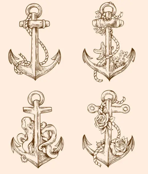 Vector illustration of Set of vintage anchors