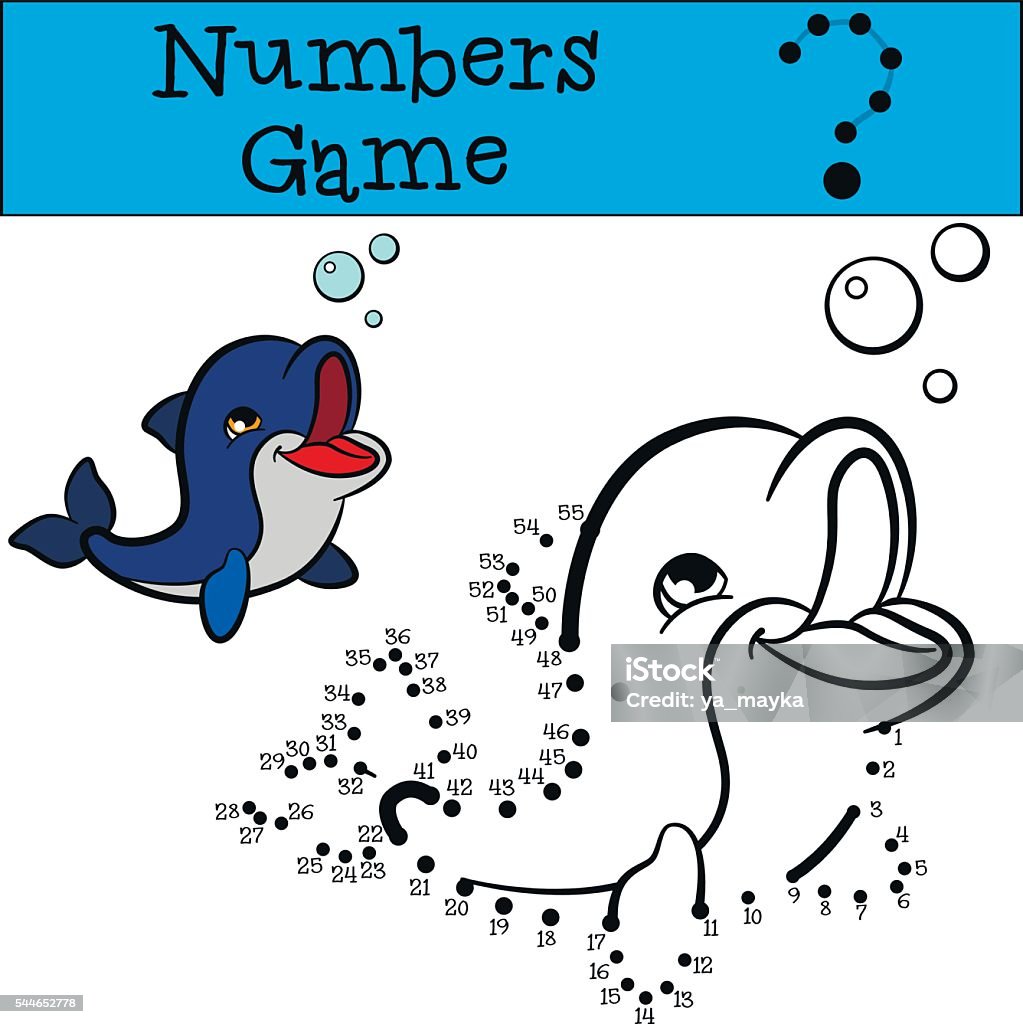 Educational games for kids: Numbers game. Little cute baby dolphin Educational games for kids: Numbers game. Little cute baby dolphin swims and smiles. Advice stock vector