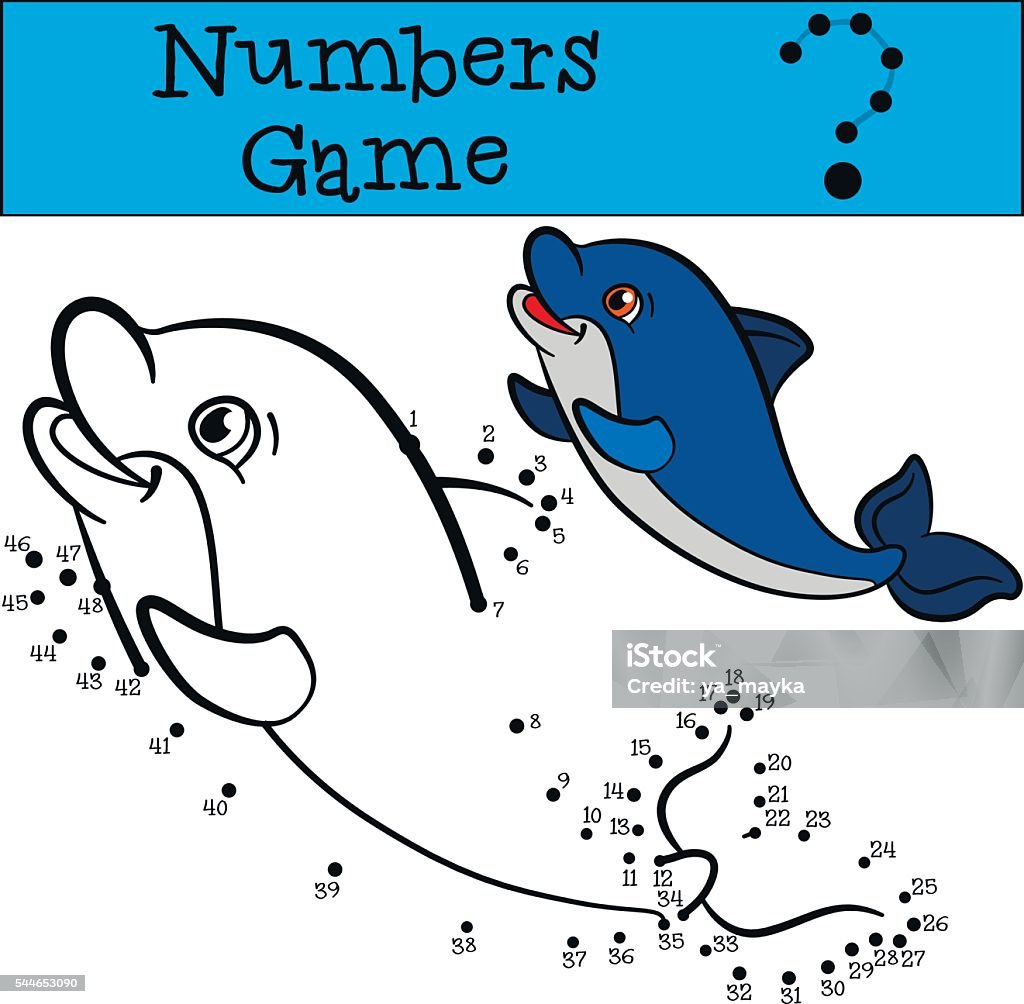 Educational games for kids: Numbers game. Little cute baby dolphin Educational games for kids: Numbers game. Little cute baby dolphin swims and smiles. Advice stock vector