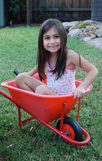 Smiling happy girl playing in the backyard in a red wheelbarrow