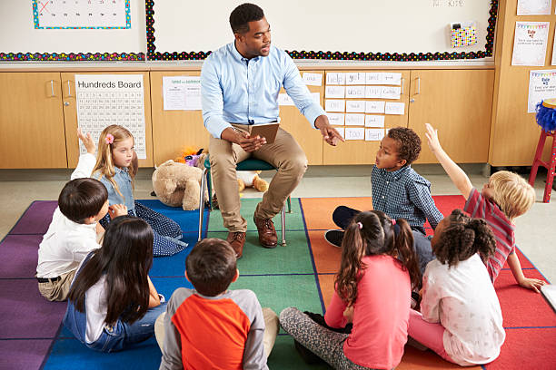 istock Elementary school kids sitting around teacher in a lesson 544655620