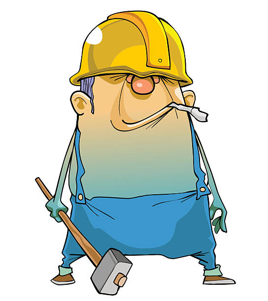 comic mann arbeitet im einen helm und mit einem hammer - manual worker one man only book hammer stock-grafiken, -clipart, -cartoons und -symbole