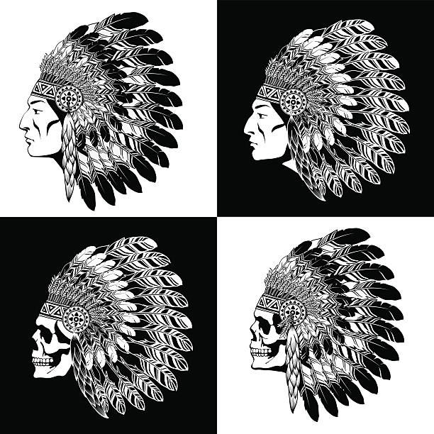 아메리칸 인도어 타탕카 - native american north american tribal culture tribal chief headdress stock illustrations