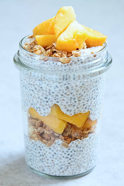 istock Chia pudding with peach slices in a jar 544661042
