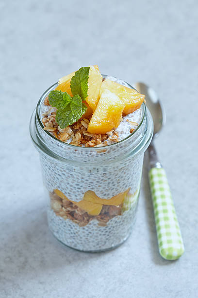 istock Chia pudding with peach slices in a jar 544661288