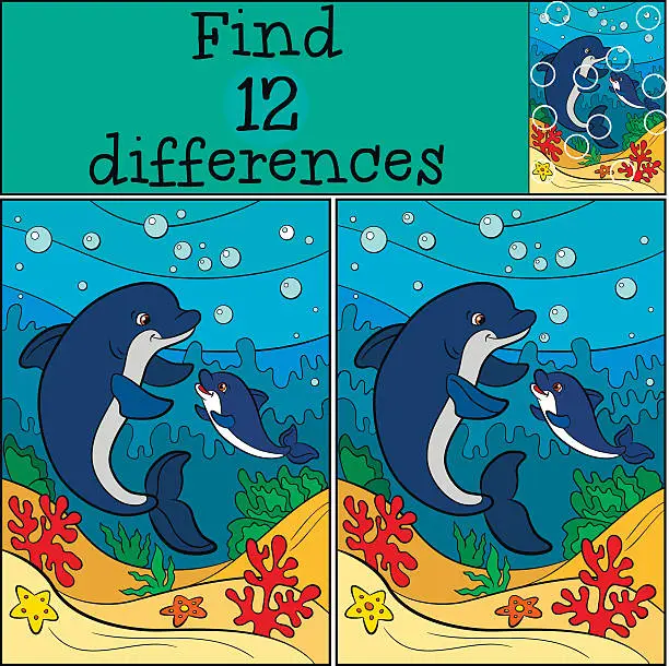 Vector illustration of Children games: Find differences. Mother dolphin swims with baby