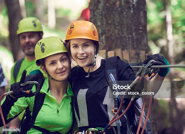Adventure Friends Ready For Tyrolean Traverse Stock Photo - Download Image Now - Zip Line, Friendship, Adult
