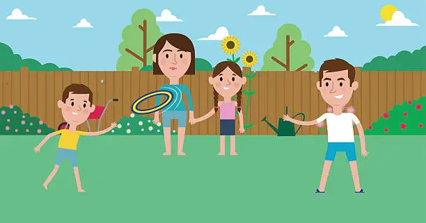Vector illustration of Illustration Of Family Playing With Frisbee In Garden