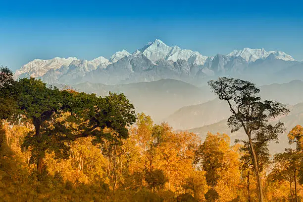 Beautiful view of Silerygaon Village with Kanchenjunga mountain range at the background, moring light, at Sikkim, India
