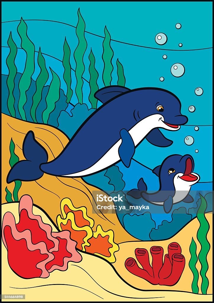 Coloring pages. Marine wild animals. Mother dolphin swims with baby Cartoon animals for kids. Little cute orange chameleon gives flower to yellow chameleon and smiles. Animal stock vector