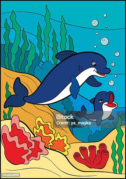 Coloring Pages Marine Wild Animals Mother Dolphin Swims With Baby Stock Illustration - Download Image Now