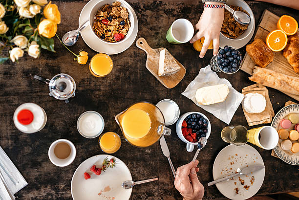 istock overhead view on  french breakfast table with macarons and baguette 544668062