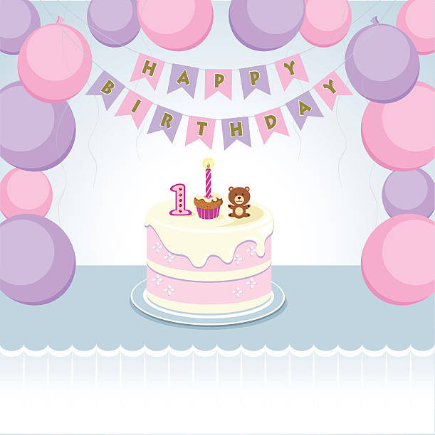 ilustrações, clipart, desenhos animados e ícones de balões de menina primeiro aniversário - birthday card streamer party balloon