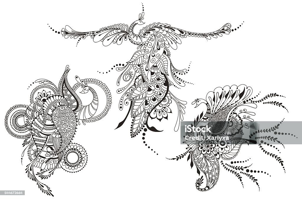 Bird Phoenix three. Peacocks for tattoo template. Illustration of three Phoenix Birds. Peacocks for tattoo template, business style, printing on clothes, greeting cards or other Phoenix - Mythical Bird stock vector