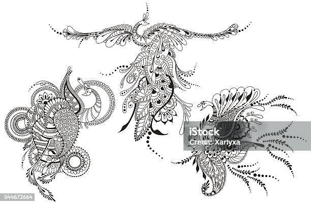 Bird Phoenix Three Peacocks For Tattoo Template Stock Illustration - Download Image Now - Phoenix - Mythical Bird, Art, Art And Craft