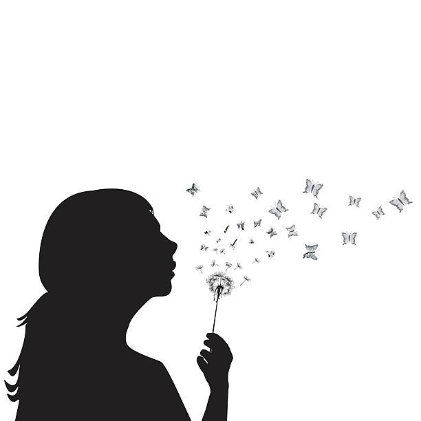 girl blowing on dandelion - üflemek illüstrasyonlar stock illustrations