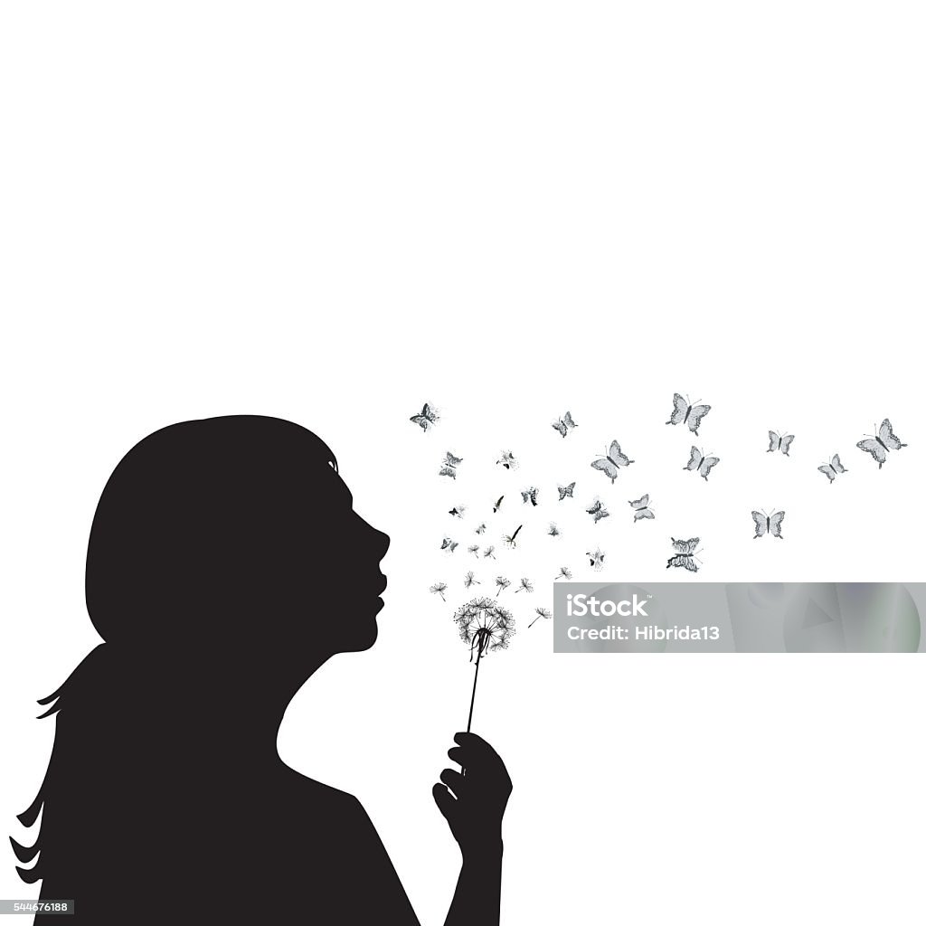 Girl blowing on dandelion Girl blowing on dandelion and the seeds are transforming into butterflies Blowing stock vector
