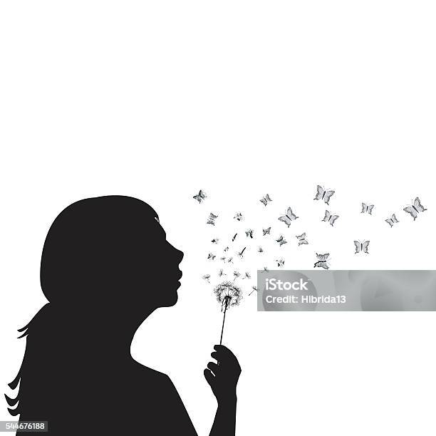 Girl Blowing On Dandelion Stock Illustration - Download Image Now - Blowing, Dandelion, Profile View