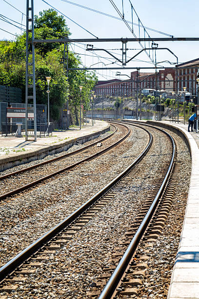 istock Railroad track with vanishing point at a train station 544676384