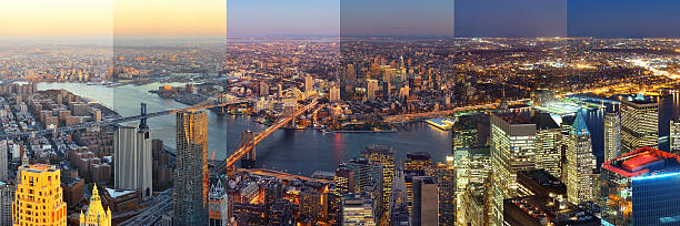 New York City downtown day and night A blend of day and night of New York City downtown panorama view. williamsburg bridge photos stock pictures, royalty-free photos & images