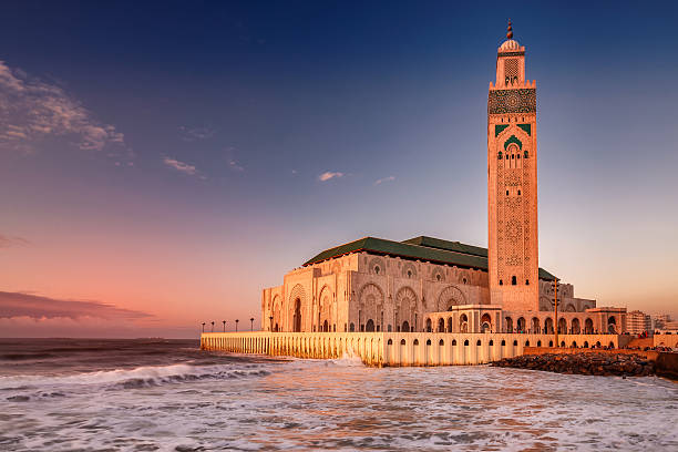 Casablanca mosque The Hassan II Mosque  largest mosque in Morocco. Shot  after sunset at blue hour in Casablanca. morocco photos stock pictures, royalty-free photos & images