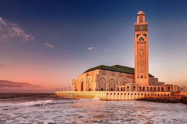 The Hassan II Mosque  largest mosque in Morocco. Shot  after sunset at blue hour in Casablanca.