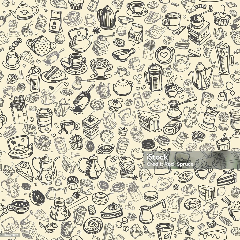 hand drawn coffee pattern pattern with hand drawn coffee and confectionery, vector. Zip-file includes *pdf, *jpeg 7500x7500, *cdr X5, *ai 10 Coffee - Drink stock vector