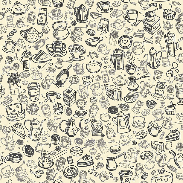 hand drawn coffee pattern pattern with hand drawn coffee and confectionery, vector. Zip-file includes *pdf, *jpeg 7500x7500, *cdr X5, *ai 10 food cake tea sketch stock illustrations