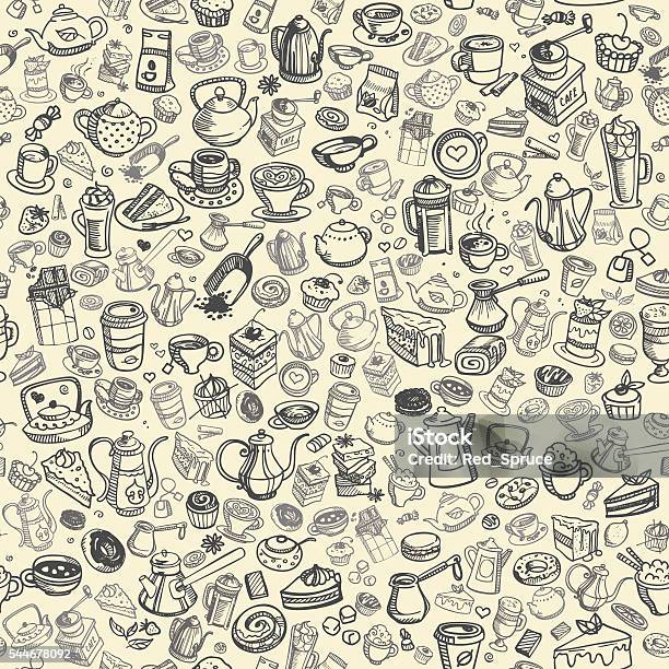 Hand Drawn Coffee Pattern Stock Illustration - Download Image Now - Coffee - Drink, Doodle, Breakfast