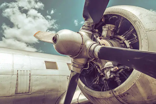 Old aircraft engine and propeller close up