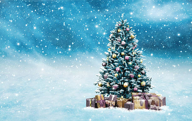 istock beautiful decorated christmas tree with a blue background 544679940